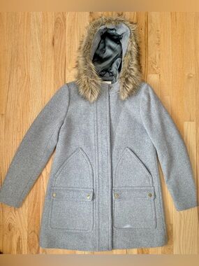 EUC: J.Crew Vail Wool Blend Parka Coat Faux Fur Hood Gray, Size 4
